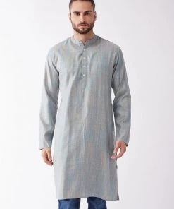 Vastramay Men's Multicolor-Base-White Silk Blend Kurta