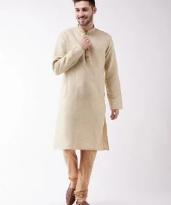 Vastramay Men's Beige And Rose Gold Silk Blend Kurta Pyjama Set