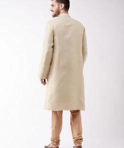 Vastramay Men's Beige And Rose Gold Silk Blend Kurta Pyjama Set