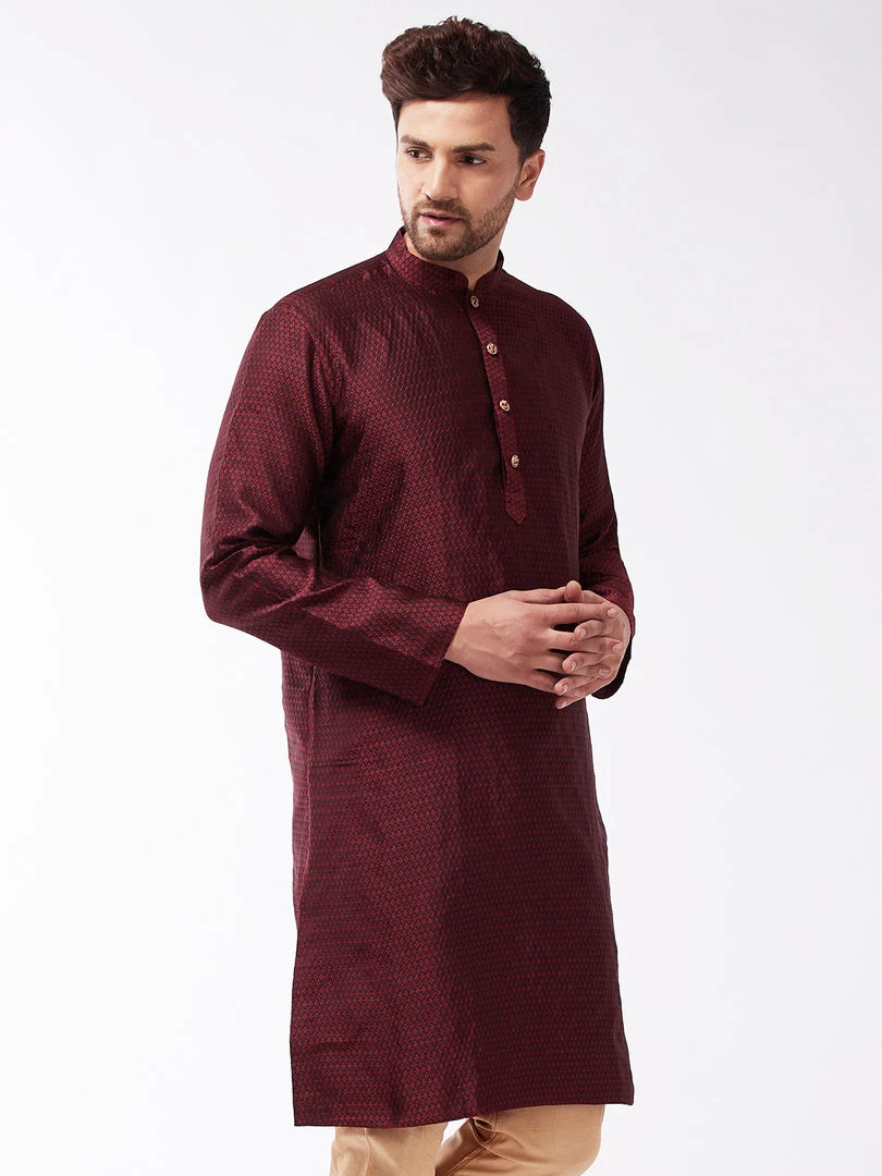 VASTRAMAY Men's Maroon Silk Blend Kurta 4 VASTRAMAY Men's Maroon Silk Blend Kurta