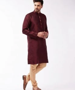 Buy 1 Get 1 VASTRAMAY Men's Maroon And Rose Gold Silk Blend Kurta Pyjama Set