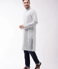 Vastramay Men's White And Blue Cotton Kurta