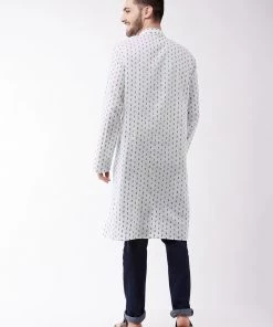 Vastramay Men's White And Blue Cotton Kurta