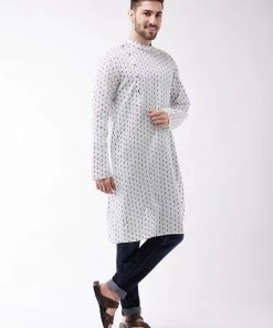 Vastramay Men's White And Blue Cotton Kurta