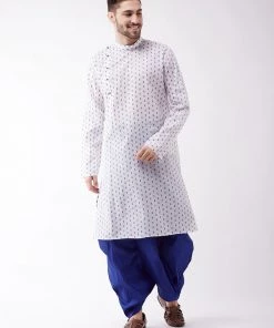 Vastramay Men's White And Blue Cotton Kurta And Dhoti Set Dhoti Kurta Sets
