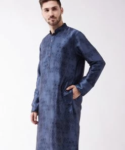 VASTRAMAY Men's Blue Silk Blend Kurta