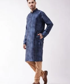 Buy 1 Get 1 VASTRAMAY Men's Blue And Rose Gold Silk Blend Kurta Pyjama Set