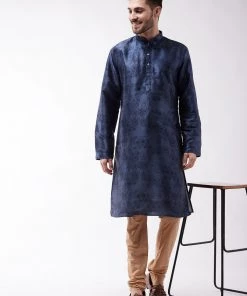 Buy 1 Get 1 VASTRAMAY Men's Blue And Rose Gold Silk Blend Kurta Pyjama Set