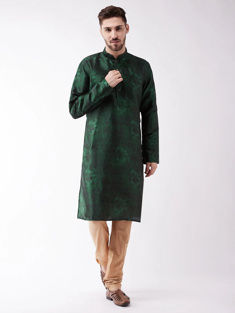 VASTRAMAY Men's Green And Rose Gold Silk Blend Kurta Pyjama Set 3 VASTRAMAY Men's Green And Rose Gold Silk Blend Kurta Pyjama Set