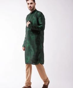 VASTRAMAY Men's Green And Rose Gold Silk Blend Kurta Pyjama Set