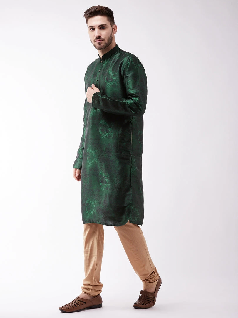 VASTRAMAY Men's Green And Rose Gold Silk Blend Kurta Pyjama Set 4 VASTRAMAY Men's Green And Rose Gold Silk Blend Kurta Pyjama Set