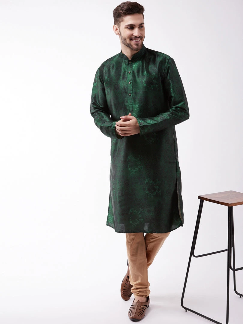 VASTRAMAY Men's Green And Rose Gold Silk Blend Kurta Pyjama Set 8 VASTRAMAY Men's Green And Rose Gold Silk Blend Kurta Pyjama Set