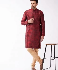 Buy 1 Get 1 VASTRAMAY Men's Maroon Silk Blend Kurta