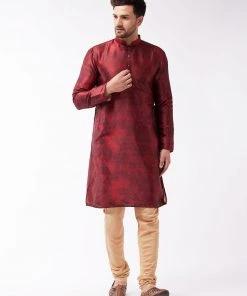 Buy 1 Get 1 VASTRAMAY Men's Maroon And Rose Gold Silk Blend Kurta Pyjama Set