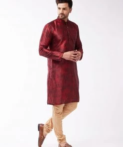 Buy 1 Get 1 VASTRAMAY Men's Maroon And Rose Gold Silk Blend Kurta Pyjama Set