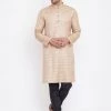 Vastramay Men's Beige And Black Silk Blend Kurta Pyjama Set