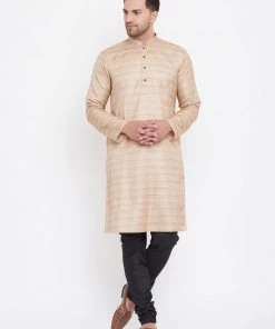 Vastramay Men's Beige And Black Silk Blend Kurta Pyjama Set