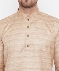 Vastramay Men's Beige And Black Silk Blend Kurta Pyjama Set