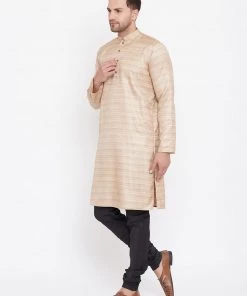 Vastramay Men's Beige And Black Silk Blend Kurta Pyjama Set