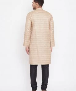 Vastramay Men's Beige And Black Silk Blend Kurta Pyjama Set