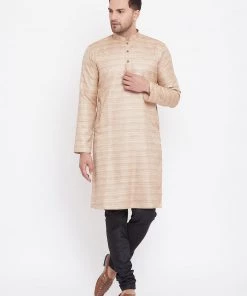 Vastramay Men's Beige And Black Silk Blend Kurta Pyjama Set