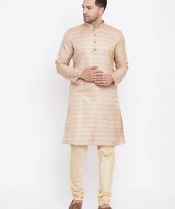 Vastramay Men's Beige And Gold Silk Blend Kurta Pyjama Set