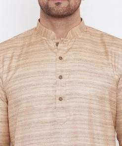 Vastramay Men's Beige And Gold Silk Blend Kurta Pyjama Set