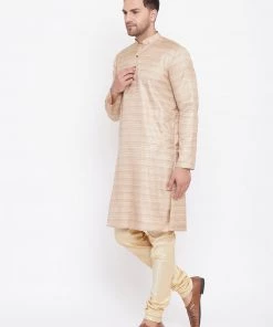 Vastramay Men's Beige And Gold Silk Blend Kurta Pyjama Set