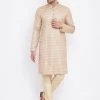 Vastramay Men's Beige And Gold Silk Blend Kurta Pyjama Set 2 Vastramay Men's Beige And Gold Silk Blend Kurta Pyjama Set