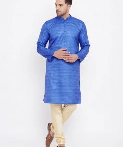 Vastramay Men's Blue And Gold Silk Blend Kurta Pyjama Set 16 Vastramay Men's Blue And Gold Silk Blend Kurta Pyjama Set