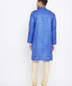 Vastramay Men's Blue And Gold Silk Blend Kurta Pyjama Set 12 Vastramay Men's Blue And Gold Silk Blend Kurta Pyjama Set