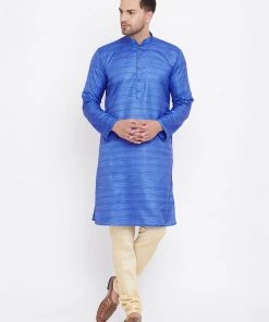Vastramay Men's Blue And Gold Silk Blend Kurta Pyjama Set