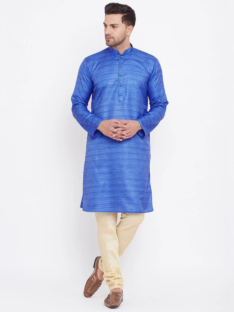 Vastramay Men's Blue And Gold Silk Blend Kurta Pyjama Set 3 Vastramay Men's Blue And Gold Silk Blend Kurta Pyjama Set