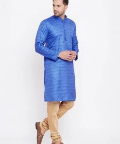 Kurta Sets Vastramay Men's Blue And Rose Gold Silk Blend Kurta Pyjama Set