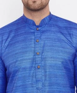 Kurta Sets Vastramay Men's Blue And Rose Gold Silk Blend Kurta Pyjama Set