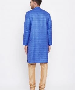 Kurta Sets Vastramay Men's Blue And Rose Gold Silk Blend Kurta Pyjama Set
