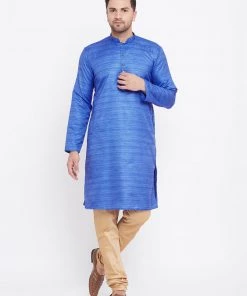 Kurta Sets Vastramay Men's Blue And Rose Gold Silk Blend Kurta Pyjama Set