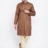 Kurta Sets Vastramay Men's Coffee Brown And Gold Silk Blend Kurta Pyjama Set