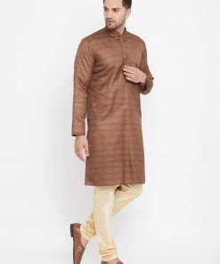 Kurta Sets Vastramay Men's Coffee Brown And Gold Silk Blend Kurta Pyjama Set