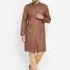 Vastramay Men's Coffee Brown And Rose Gold Silk Blend Kurta Pyjama Set