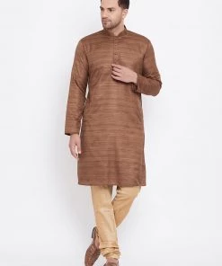 Vastramay Men's Coffee Brown And Rose Gold Silk Blend Kurta Pyjama Set