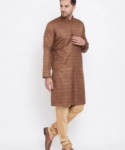 Vastramay Men's Coffee Brown And Rose Gold Silk Blend Kurta Pyjama Set