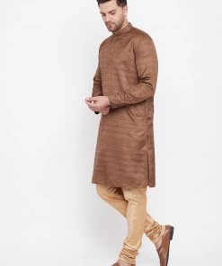 Vastramay Men's Coffee Brown And Rose Gold Silk Blend Kurta Pyjama Set