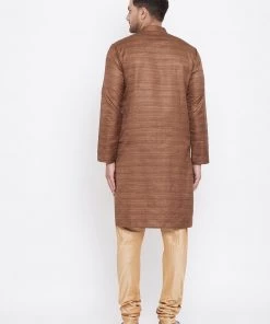 Vastramay Men's Coffee Brown And Rose Gold Silk Blend Kurta Pyjama Set