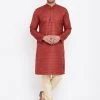 Kurta Sets Vastramay Men's Maroon And Gold Silk Blend Kurta Pyjama Set