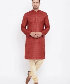 Kurta Sets Vastramay Men's Maroon And Gold Silk Blend Kurta Pyjama Set