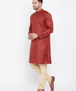 Kurta Sets Vastramay Men's Maroon And Gold Silk Blend Kurta Pyjama Set
