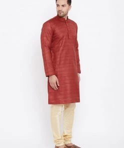 Kurta Sets Vastramay Men's Maroon And Gold Silk Blend Kurta Pyjama Set