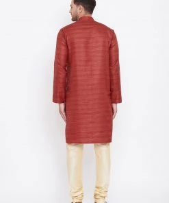 Kurta Sets Vastramay Men's Maroon And Gold Silk Blend Kurta Pyjama Set