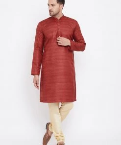 Kurta Sets Vastramay Men's Maroon And Gold Silk Blend Kurta Pyjama Set